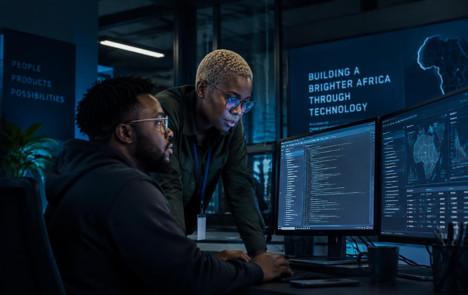 Engineers reviewing code and dashboards in a modern tech office
